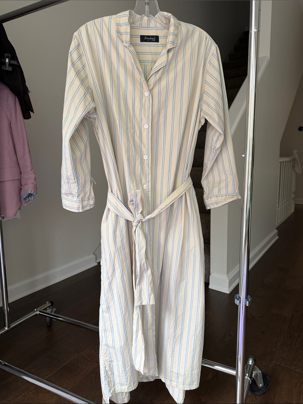 Bergfabel Button-Front Striped Shirt Dress in Cream and Light Blue